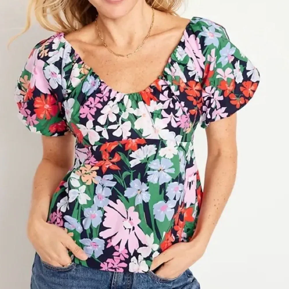 Old Navy Floral Puff Sleeve Peplum Flared Hem V‎ Neck Top Shirt Blue Multi Small